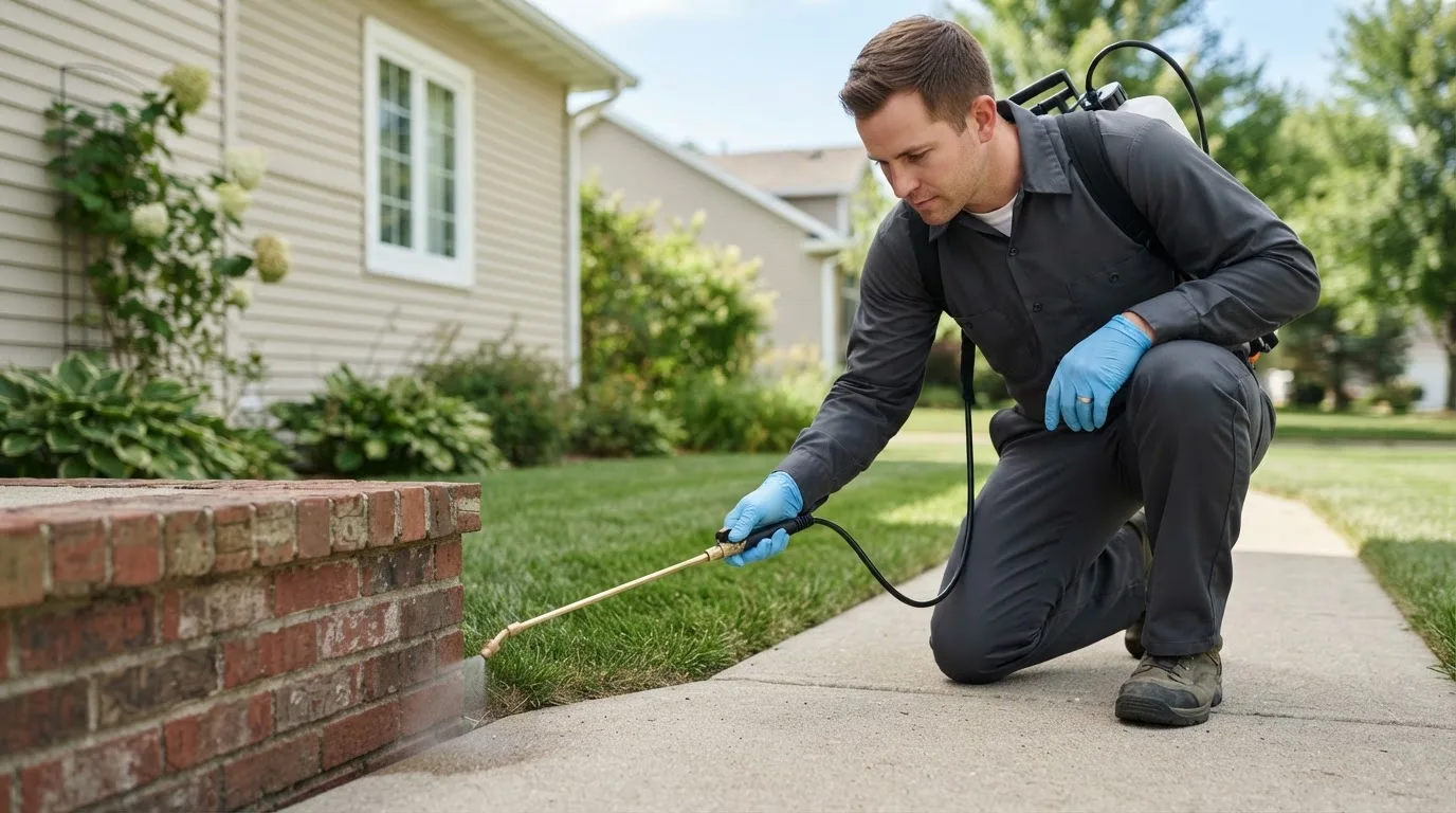 Pest control technician treating a home near Garrison, MN